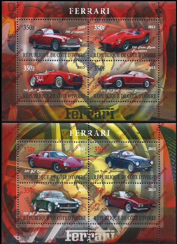 Ivory Coast 2013 Cars Ferrari Illegal Stamp Souvenir Sheets of 4 Ivory Coast 2013 Cars Ferrari Illegal Stamp Souvenir Sheets of 4