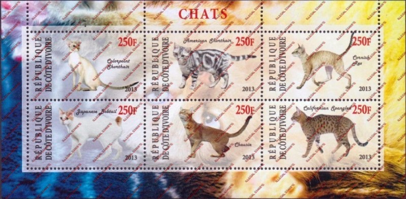 Ivory Coast 2013 Cats Illegal Stamp Sheetlet of 6 Ivory Coast 2013 Cats Illegal Stamp Sheetlet of 6