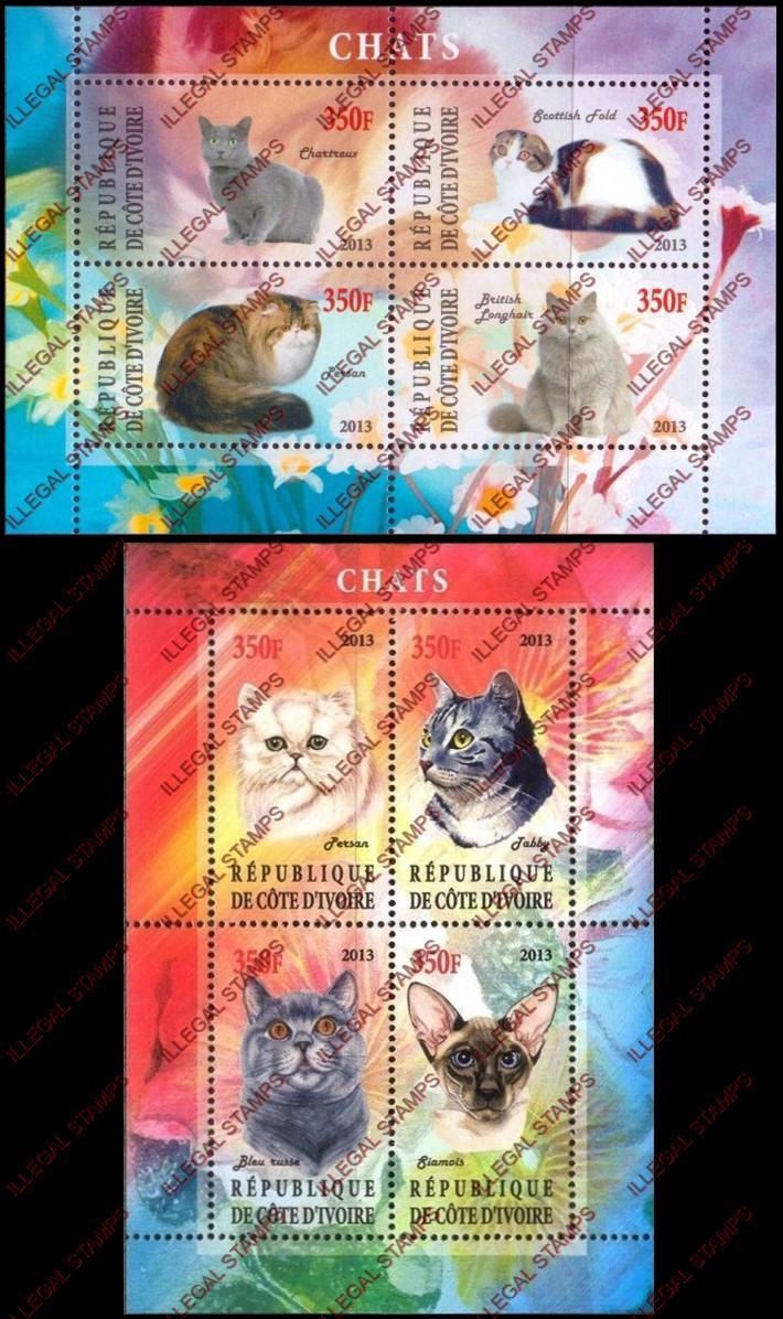 Ivory Coast 2013 Cats Illegal Stamp Souvenir Sheets of 4 Ivory Coast 2013 Cats Illegal Stamp Souvenir Sheets of 4