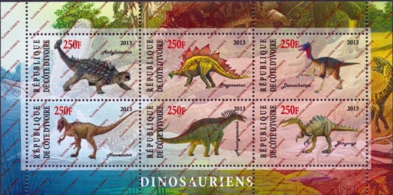 Ivory Coast 2013 Dinosaurs Illegal Stamp Sheetlet of 6 Ivory Coast 2013 Dinosaurs Illegal Stamp Sheetlet of 6