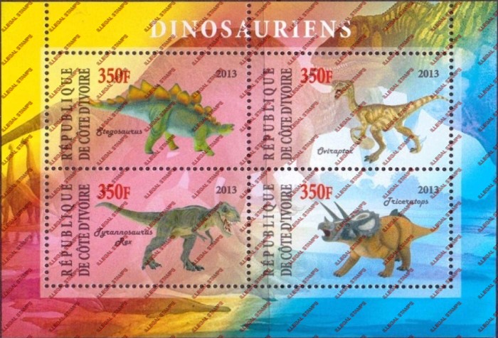 Ivory Coast 2013 Dinosaurs Illegal Stamp Souvenir Sheet of 4 Ivory Coast 2013 Dinosaurs Illegal Stamp Souvenir Sheet of 4