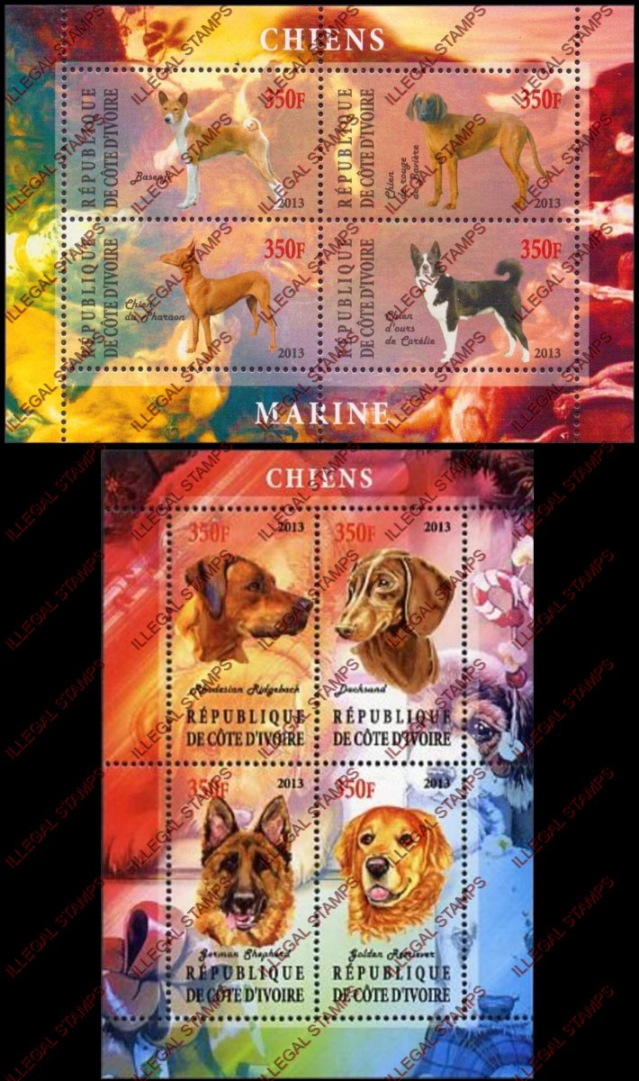 Ivory Coast 2013 Dogs Illegal Stamp Souvenir Sheets of 4 Ivory Coast 2013 Dogs Illegal Stamp Souvenir Sheets of 4