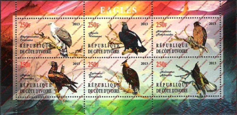 Ivory Coast 2013 Eagles Illegal Stamp Sheetlet of 6 Ivory Coast 2013 Eagles Illegal Stamp Sheetlet of 6