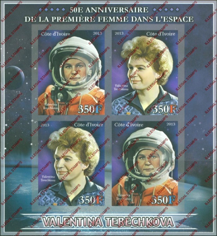 Ivory Coast 2013 First Woman in Space Illegal Stamp Souvenir Sheet of 4 Ivory Coast 2013 First Woman in Space Illegal Stamp Souvenir Sheet of 4