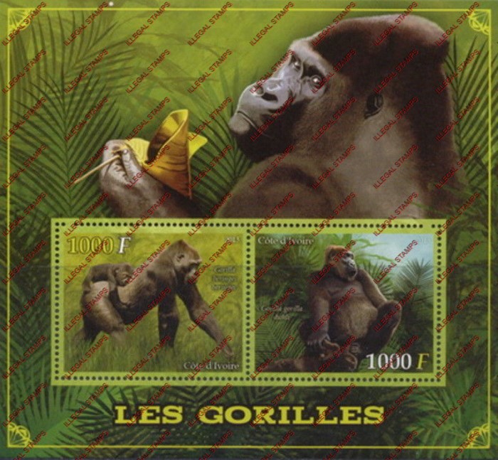Ivory Coast 2013 Gorillas Illegal Stamp Souvenir Sheet of 2 Ivory Coast 2013 Gorillas Illegal Stamp Souvenir Sheet of 2