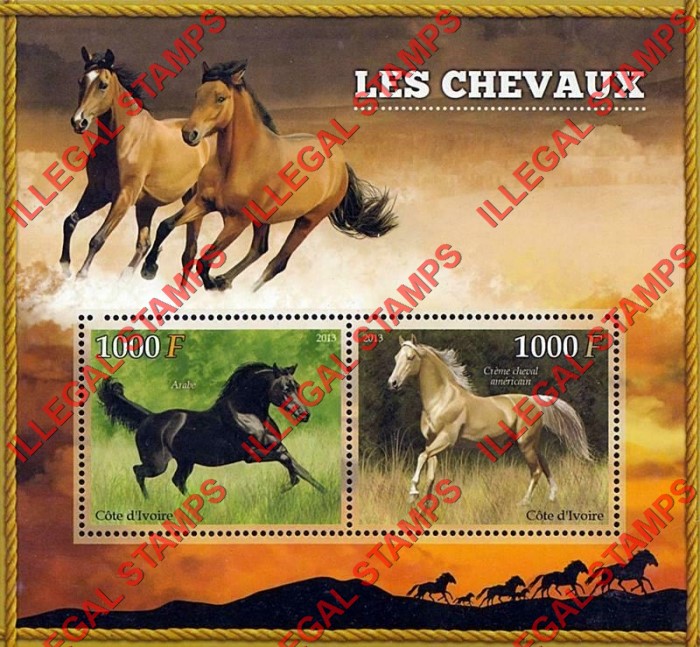 Ivory Coast 2013 Horses Illegal Stamp Souvenir Sheet of 2 Ivory Coast 2013 Horses Illegal Stamp Souvenir Sheet of 2