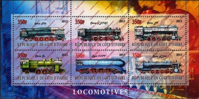 Ivory Coast 2013 Locomotives Illegal Stamp Sheetlet of 6 Ivory Coast 2013 Locomotives Illegal Stamp Sheetlet of 6