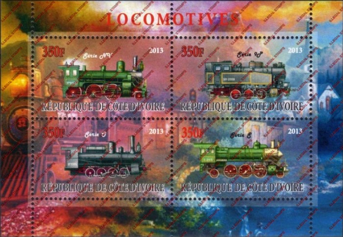 Ivory Coast 2013 Locomotives Illegal Stamp Souvenir Sheet of 4 Ivory Coast 2013 Locomotives Illegal Stamp Souvenir Sheet of 4