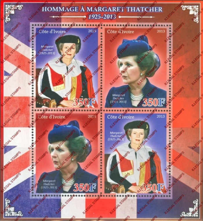 Ivory Coast 2013 Margaret Thatcher Illegal Stamp Souvenir Sheet of 4 Ivory Coast 2013 Margaret Thatcher Illegal Stamp Souvenir Sheet of 4
