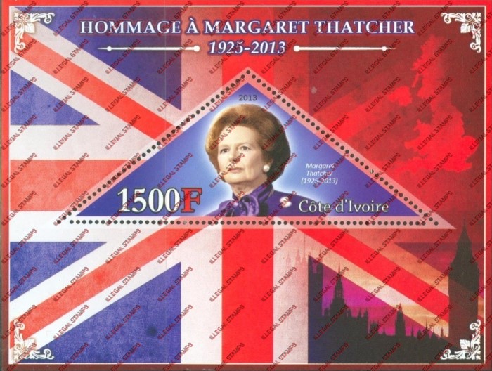 Ivory Coast 2013 Margaret Thatcher Illegal Stamp Souvenir Sheet of 1 Ivory Coast 2013 Margaret Thatcher Illegal Stamp Souvenir Sheet of 1