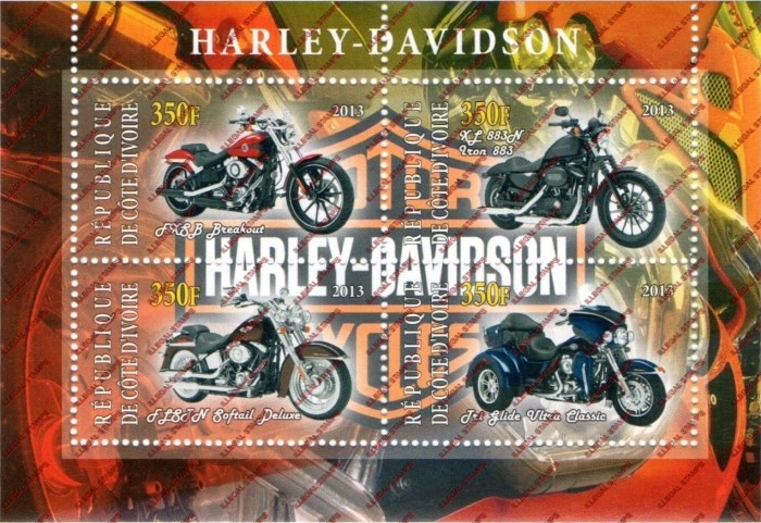 Ivory Coast 2013 Motorcycles Harley Davidson Illegal Stamp Souvenir Sheet of 4 Ivory Coast 2013 Motorcycles Harley Davidson Illegal Stamp Souvenir Sheet of 4