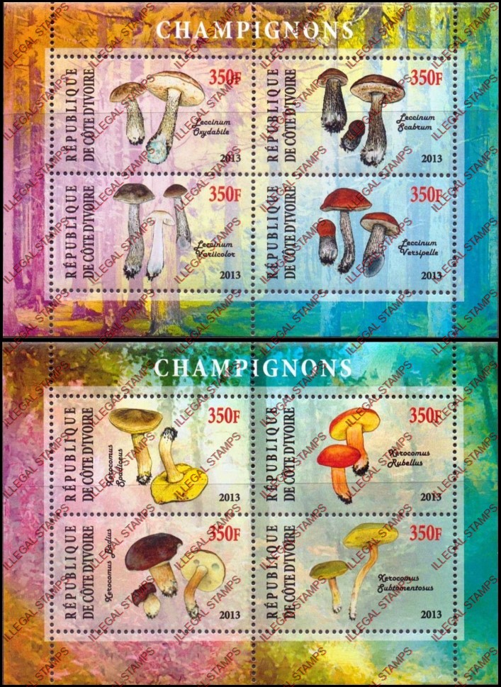 Ivory Coast 2013 Mushrooms Illegal Stamp Souvenir Sheets of 4 Ivory Coast 2013 Mushrooms Illegal Stamp Souvenir Sheets of 4