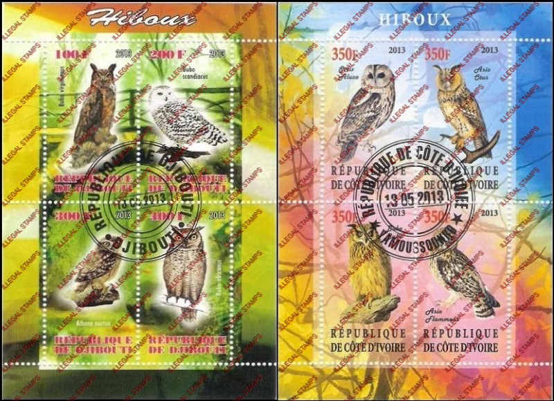Ivory Coast 2013 Owls Illegal Stamp Souvenir Sheets of 4 Ivory Coast 2013 Owls Illegal Stamp Souvenir Sheets of 4
