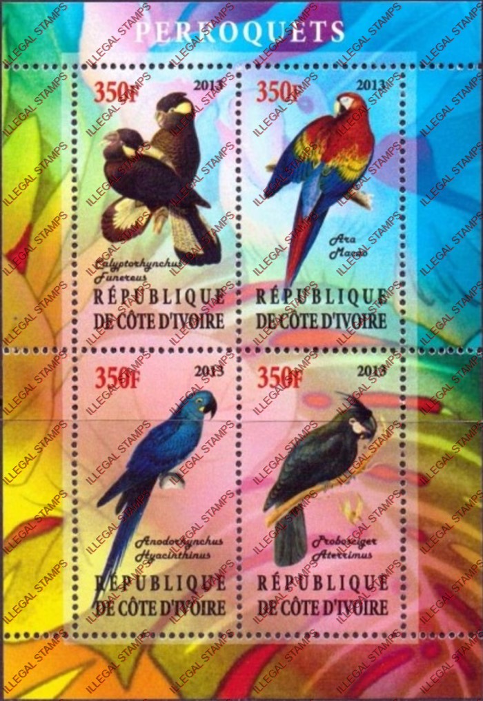 Ivory Coast 2013 Parrots Illegal Stamp Souvenir Sheet of 4 Ivory Coast 2013 Parrots Illegal Stamp Souvenir Sheet of 4