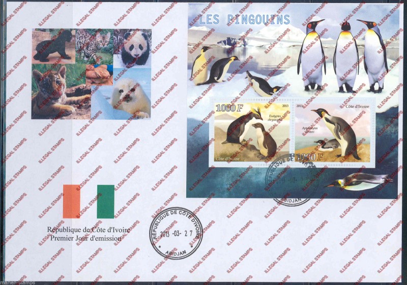 Ivory Coast 2013 Penguins Illegal Stamp Souvenir Sheet on Fake First Day Cover Ivory Coast 2013 Penguins Illegal Stamp Souvenir Sheet on Fake First Day Cover