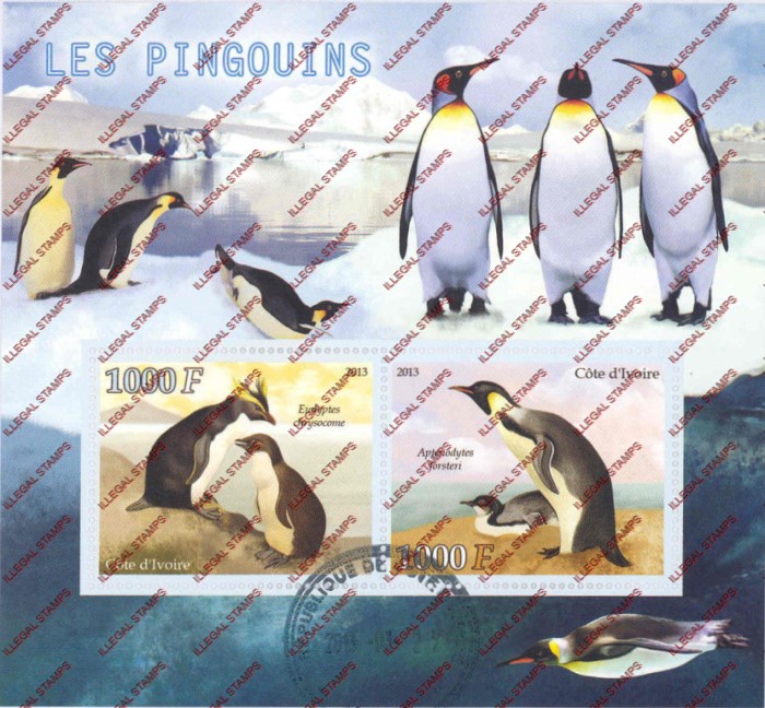 Ivory Coast 2013 Penguins Illegal Stamp Souvenir Sheet of 2 Ivory Coast 2013 Penguins Illegal Stamp Souvenir Sheet of 2