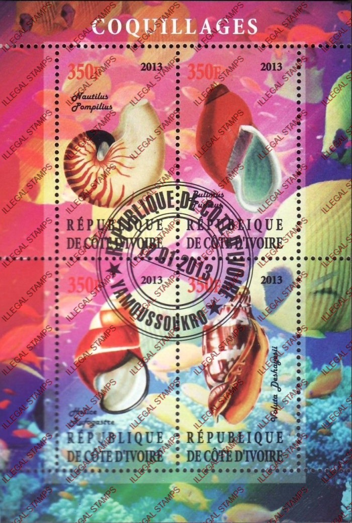 Ivory Coast 2013 Shells Illegal Stamp Souvenir Sheet of 4 Ivory Coast 2013 Shells Illegal Stamp Souvenir Sheet of 4