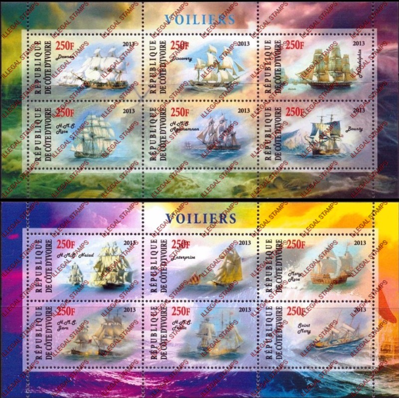 Ivory Coast 2013 Ships Illegal Stamp Sheetlets of 6 Ivory Coast 2013 Ships Illegal Stamp Sheetlets of 6