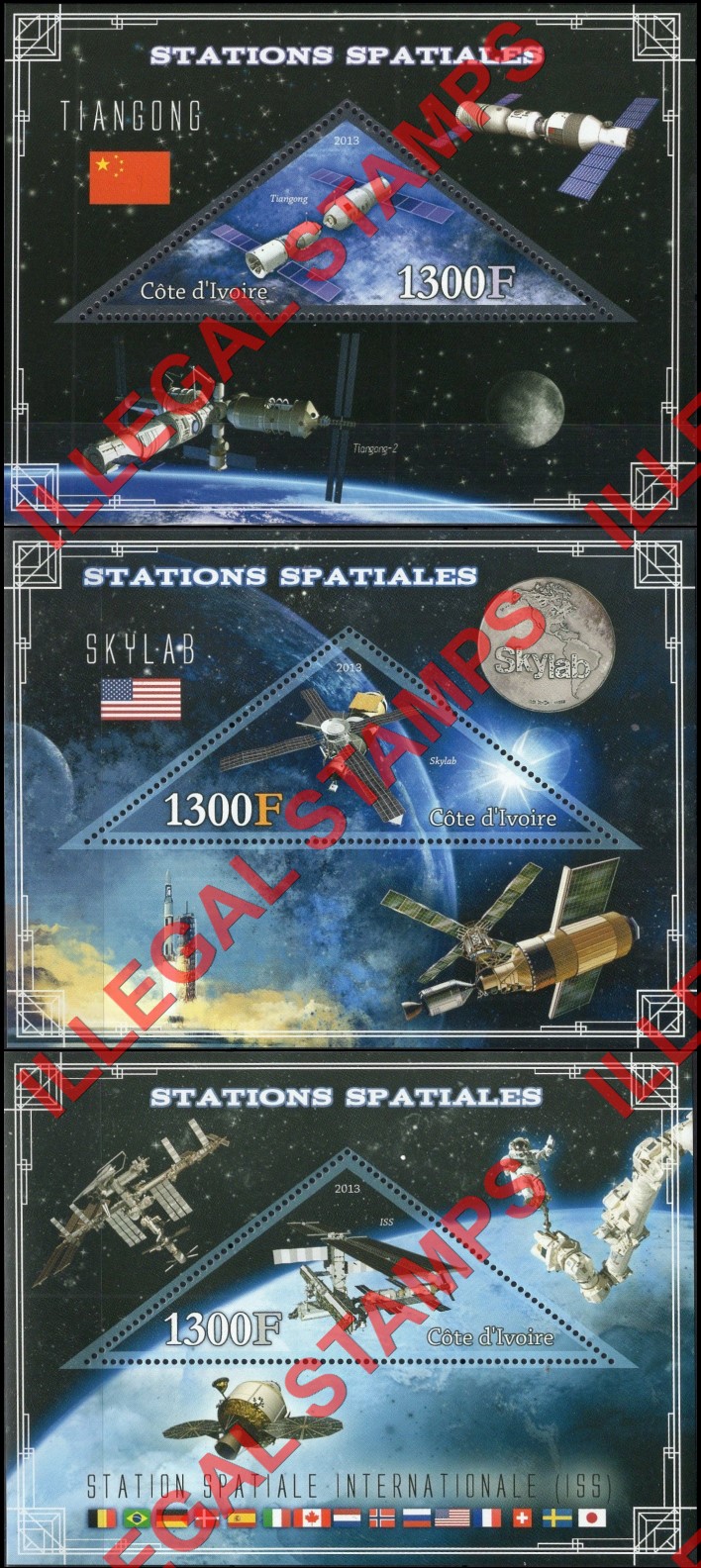 Ivory Coast 2013 Space Stations Illegal Stamp Souvenir Sheets of 1 (Part 1) Ivory Coast 2013 Space Stations Illegal Stamp Souvenir Sheets of 1 (Part 1)