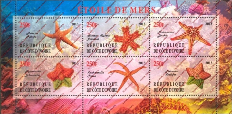Ivory Coast 2013 Starfish Illegal Stamp Sheetlet of 6 Ivory Coast 2013 Starfish Illegal Stamp Sheetlet of 6