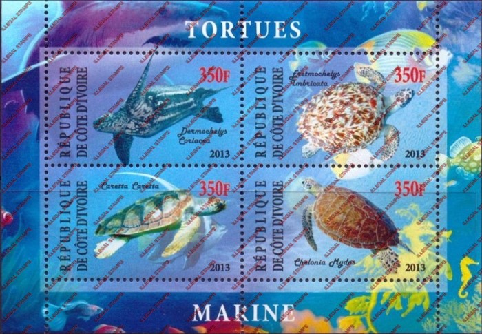 Ivory Coast 2013 Turtles Illegal Stamp Souvenir Sheet of 4 Ivory Coast 2013 Turtles Illegal Stamp Souvenir Sheet of 4