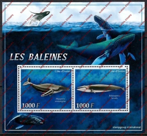 Ivory Coast 2013 Whales Illegal Stamp Souvenir Sheet of 2 Ivory Coast 2013 Whales Illegal Stamp Souvenir Sheet of 2