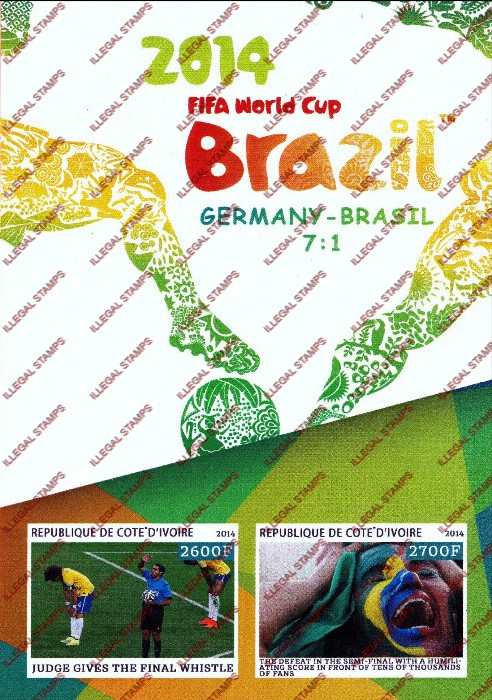 Ivory Coast 2014 World Cup Soccer Illegal Stamp Souvenir Sheet of 2
