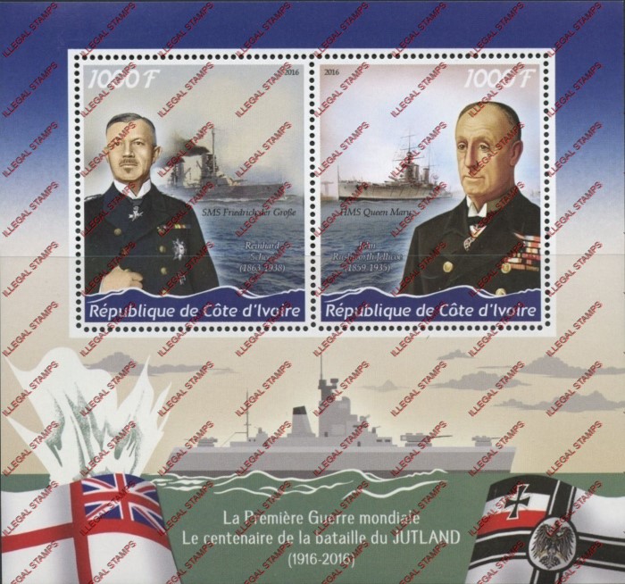Ivory Coast 2016 Battle of Jutland Illegal Stamp Souvenir Sheet of 2 Ivory Coast 2016 Battle of Jutland Illegal Stamp Souvenir Sheet of 2