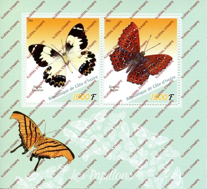 Ivory Coast 2016 Butterflies Illegal Stamp Souvenir Sheet of 2 Ivory Coast 2016 Butterflies Illegal Stamp Souvenir Sheet of 2