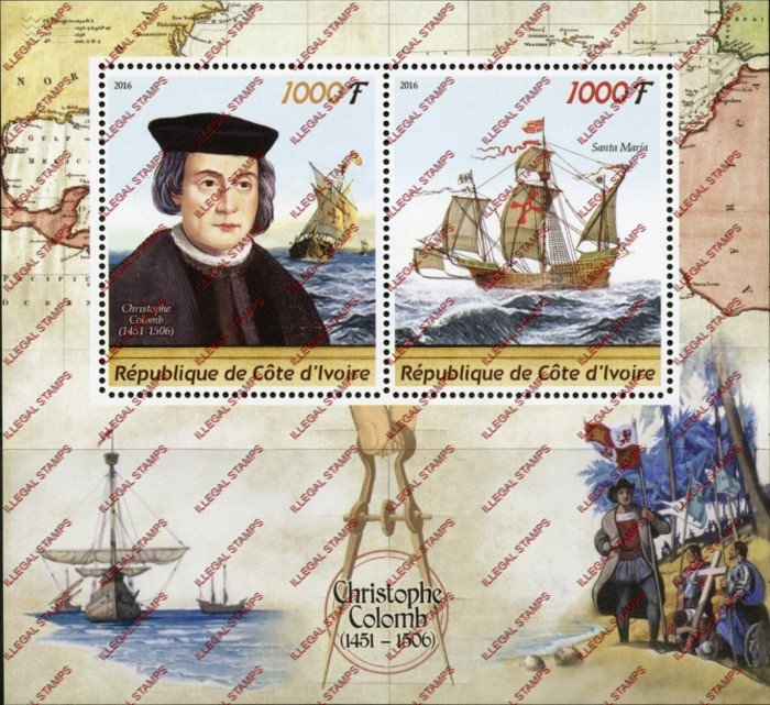 Ivory Coast 2016 Columbus Illegal Stamp Souvenir Sheet of 2 Ivory Coast 2016 Columbus Illegal Stamp Souvenir Sheet of 2