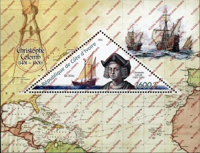 Ivory Coast 2016 Columbus Illegal Stamp Souvenir Sheet of 1 Ivory Coast 2016 Columbus Illegal Stamp Souvenir Sheet of 1