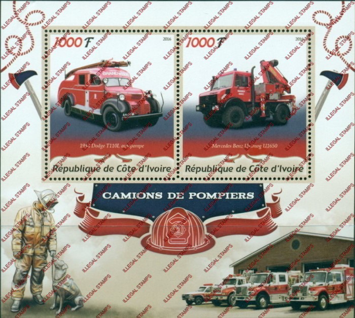 Ivory Coast 2016 Fire Engines Illegal Stamp Souvenir Sheet of 2 Ivory Coast 2016 Fire Engines Illegal Stamp Souvenir Sheet of 2