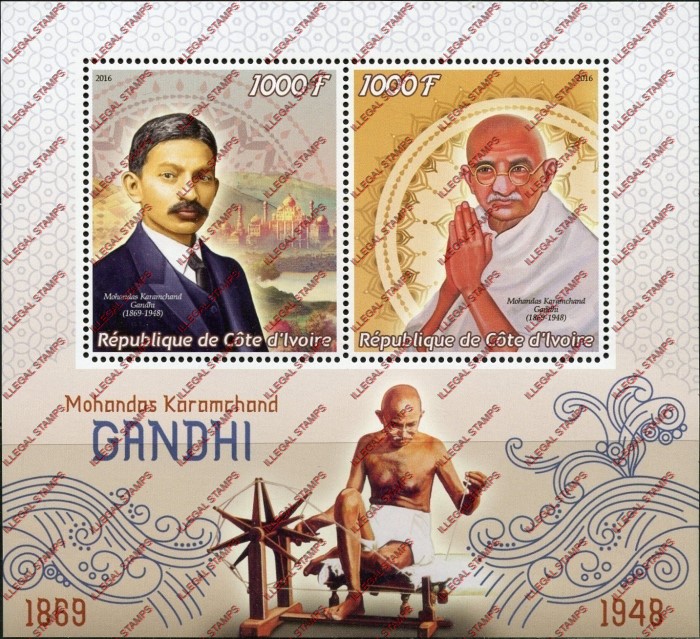 Ivory Coast 2016 Gandhi Illegal Stamp Souvenir Sheet of 2 Ivory Coast 2016 Gandhi Illegal Stamp Souvenir Sheet of 2
