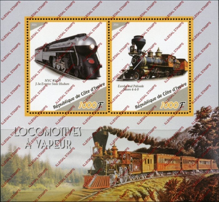 Ivory Coast 2016 Locomotives Illegal Stamp Souvenir Sheet of 2 Ivory Coast 2016 Locomotives Illegal Stamp Souvenir Sheet of 2