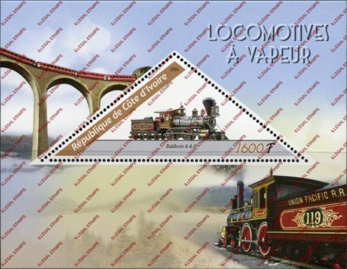 Ivory Coast 2016 Locomotives Illegal Stamp Souvenir Sheet of 1 Ivory Coast 2016 Locomotives Illegal Stamp Souvenir Sheet of 1