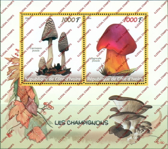 Ivory Coast 2016 Mushrooms Illegal Stamp Souvenir Sheet of 2 Ivory Coast 2016 Mushrooms Illegal Stamp Souvenir Sheet of 2