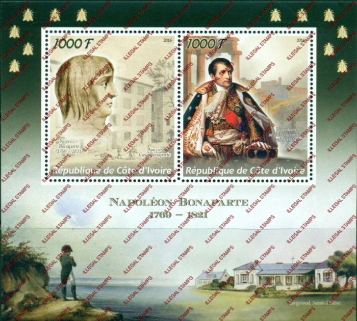 Ivory Coast 2016 Napoleon Illegal Stamp Souvenir Sheet of 2 Ivory Coast 2016 Napoleon Illegal Stamp Souvenir Sheet of 2