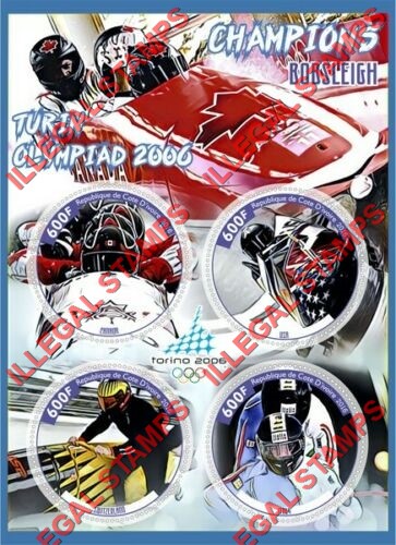 Ivory Coast 2016 Olympic Champions Bobsleigh Turin 2006 Illegal Stamp Souvenir Sheet of 4 Ivory Coast 2016 Olympic Champions Bobsleigh Turin 2006 Illegal Stamp Souvenir Sheet of 4