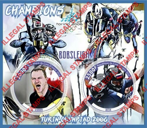 Ivory Coast 2016 Olympic Champions Bobsleigh Turin 2006 Illegal Stamp Souvenir Sheet of 2 Ivory Coast 2016 Olympic Champions Bobsleigh Turin 2006 Illegal Stamp Souvenir Sheet of 2