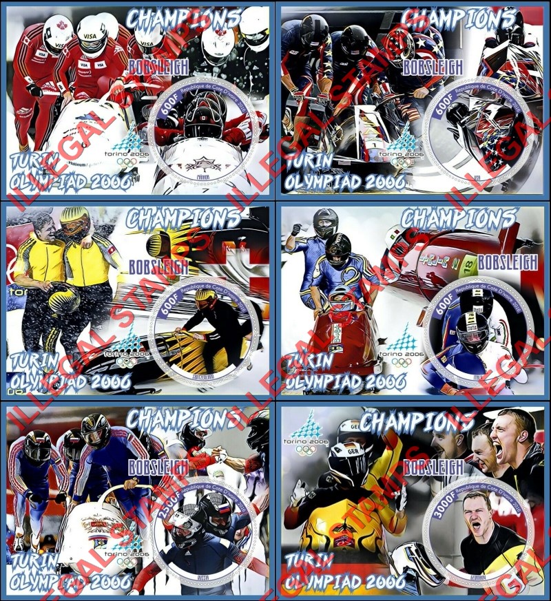 Ivory Coast 2016 Olympic Champions Bobsleigh Turin 2006 Illegal Stamp Souvenir Sheets of 1 Ivory Coast 2016 Olympic Champions Bobsleigh Turin 2006 Illegal Stamp Souvenir Sheets of 1