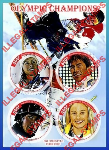 Ivory Coast 2016 Olympic Champions Ski Freestyle Turin 2006 Illegal Stamp Souvenir Sheet of 4 Ivory Coast 2016 Olympic Champions Ski Freestyle Turin 2006 Illegal Stamp Souvenir Sheet of 4