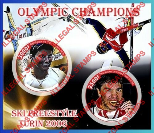 Ivory Coast 2016 Olympic Champions Ski Freestyle Turin 2006 Illegal Stamp Souvenir Sheet of 2 Ivory Coast 2016 Olympic Champions Ski Freestyle Turin 2006 Illegal Stamp Souvenir Sheet of 2