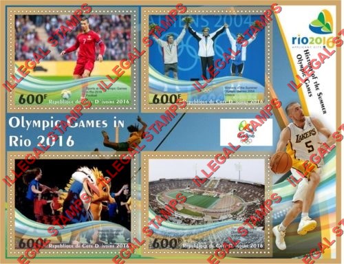 Ivory Coast 2016 History of the Summer Olympic Games Illegal Stamp Souvenir Sheet of 4 Ivory Coast 2016 History of the Summer Olympic Games Illegal Stamp Souvenir Sheet of 4