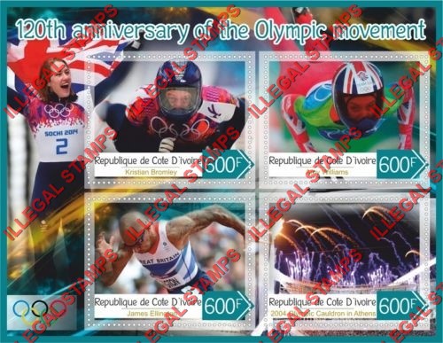 Ivory Coast 2016 120th Anniversary of the Olympic Movement Illegal Stamp Souvenir Sheet of 4 Ivory Coast 2016 120th Anniversary of the Olympic Movement Illegal Stamp Souvenir Sheet of 4