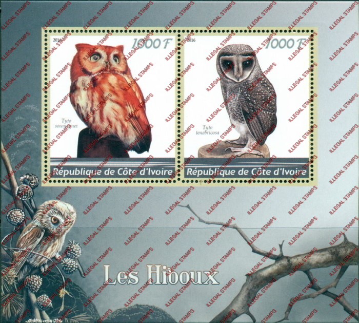 Ivory Coast 2016 Owls Illegal Stamp Souvenir Sheet of 2 Ivory Coast 2016 Owls Illegal Stamp Souvenir Sheet of 2