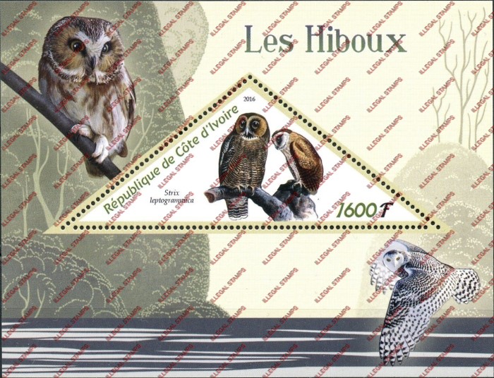 Ivory Coast 2016 Owls Illegal Stamp Souvenir Sheet of 1 Ivory Coast 2016 Owls Illegal Stamp Souvenir Sheet of 1