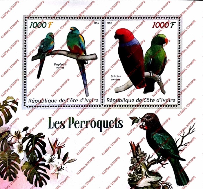 Ivory Coast 2016 Parrots Illegal Stamp Souvenir Sheet of 2 Ivory Coast 2016 Parrots Illegal Stamp Souvenir Sheet of 2
