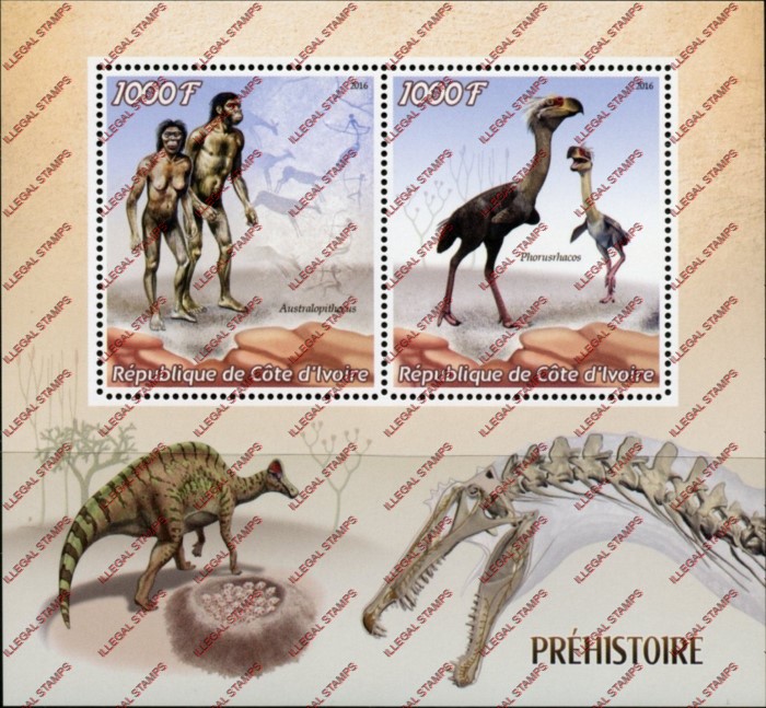 Ivory Coast 2016 Prehistoric Animals Illegal Stamp Souvenir Sheet of 2 Ivory Coast 2016 Prehistoric Animals Illegal Stamp Souvenir Sheet of 2