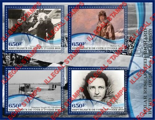 Ivory Coast 2016 Richard Byrd Illegal Stamp Souvenir Sheet of 4 Ivory Coast 2016 Richard Byrd Illegal Stamp Souvenir Sheet of 4