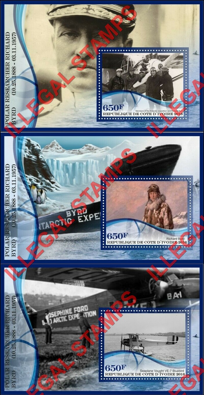 Ivory Coast 2016 Richard Byrd Illegal Stamp Souvenir Sheets of 1 (Part 1) Ivory Coast 2016 Richard Byrd Illegal Stamp Souvenir Sheets of 1 (Part 1)